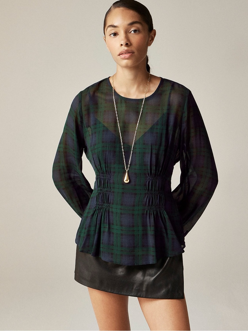 J. Crew Dark Green & Navy Plaid Peplum Blouse
